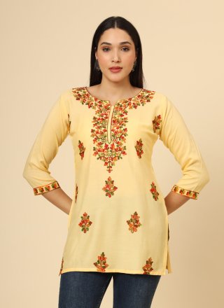 Yellow Rayon Chikankari, Embroidered and Thread Work Casual Kurti