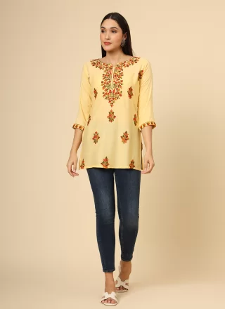 Yellow Rayon Chikankari, Embroidered and Thread Work Casual Kurti
