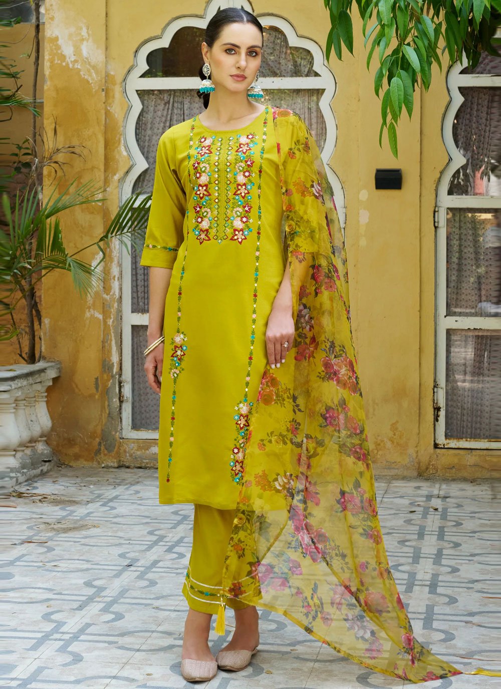 Buy Yellow Rayon Embroidered Work Salwar Suit Online