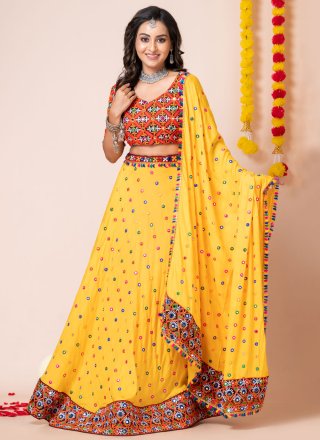 Yellow Rayon Lehenga Choli with Lace, Machine Embroidery, Mirror and Patch Border Work for Women