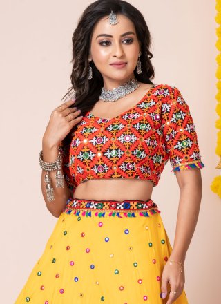 Yellow Rayon Lehenga Choli with Lace, Machine Embroidery, Mirror and Patch Border Work for Women