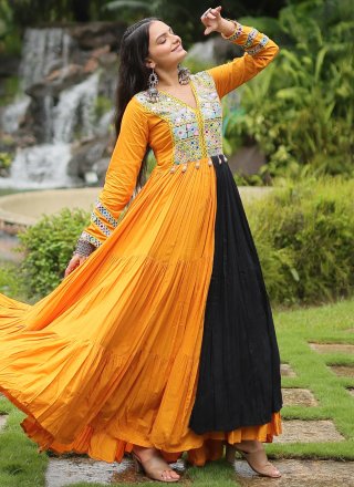 Yellow Rayon Mirror Work  Designer Gown for Festival