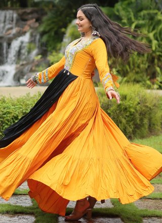 Yellow Rayon Mirror Work  Designer Gown for Festival
