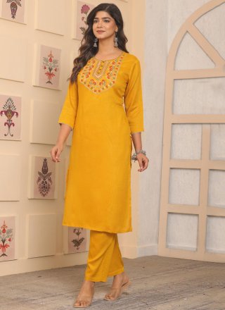 Yellow Rayon Party Wear Kurti with Embroidered Work for Women