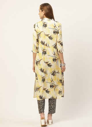 Yellow Rayon Print Work Pant Style Suit for Casual