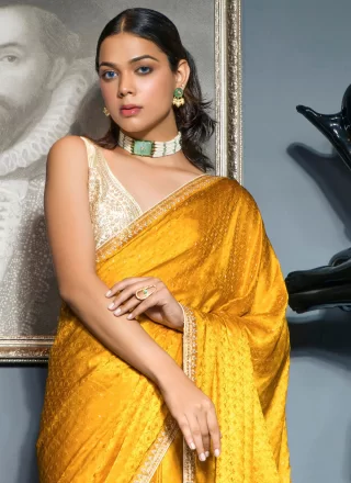 Yellow Satin Designer Saree with Floral Patch and Woven Work for Ceremonial