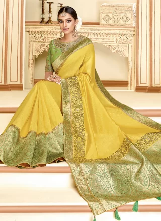 Yellow Satin Silk Contemporary Sari with Patch Border, Embroidered and Zari Work