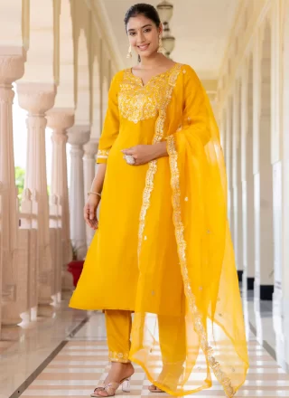 Yellow Silk Blend Embroidered Work Readymade Salwar Suit for Ceremonial