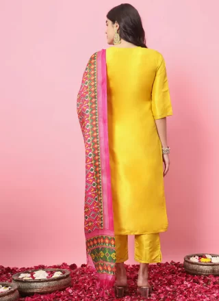 Yellow Silk Blend Salwar Suit with Embroidered Work for Women