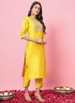 Yellow Silk Blend Salwar Suit with Embroidered Work for Women