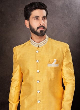 Yellow Silk Buttons Work Indo Western