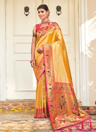 Designer Bollywood sarees-Blended Silk Saree hotsell with Zardozi embroidery border (Yellow) with Contrast Blouse by KrishnA TannA ethnics