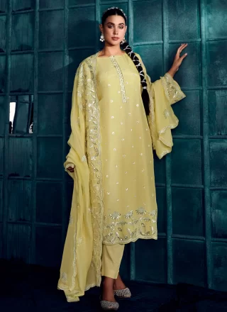 Yellow Silk Embroidered and Sequins Work Trendy Suit for Ceremonial