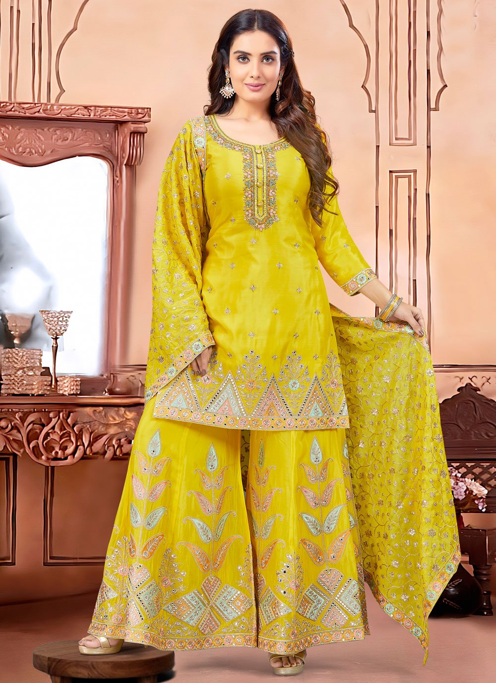 Shop Online Yellow Silk Embroidered, Mirror and Sequins Work