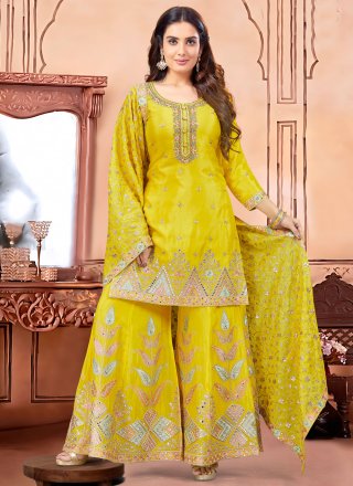 Yellow Silk Embroidered, Mirror and Sequins Work Salwar Suit
