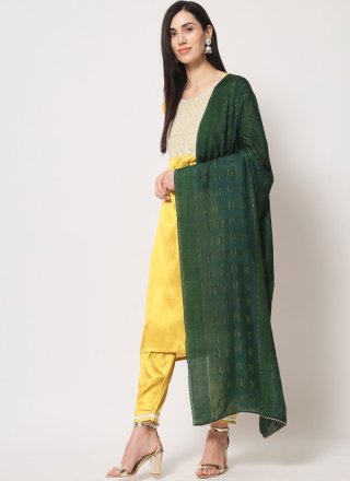 Yellow Silk Embroidered Work Pant Style Suit for Casual