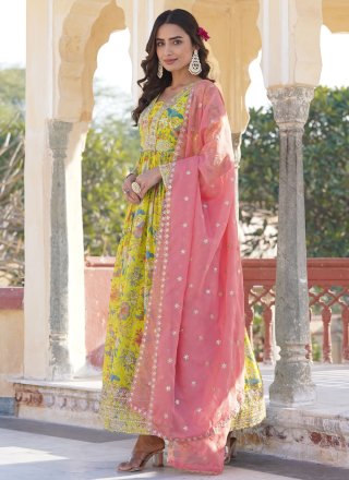 Yellow Silk Gown with Digital Print, Embroidered and Sequins Work
