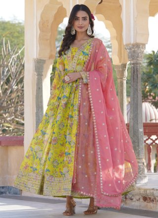Yellow Silk Gown with Digital Print, Embroidered and Sequins Work