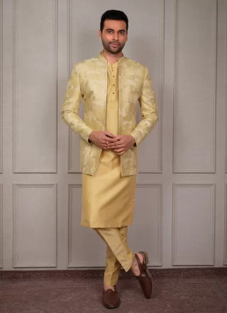 Yellow Silk Kurta Payjama with Jacket with Embroidered Work