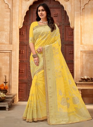 Yellow Silk Patch Border and Embroidered Work Designer Sari for Ceremonial