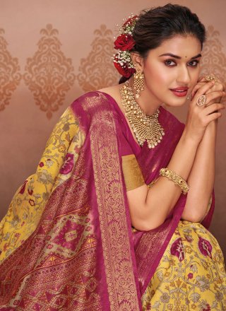 Yellow Silk Print Work Classic Sari for Ceremonial