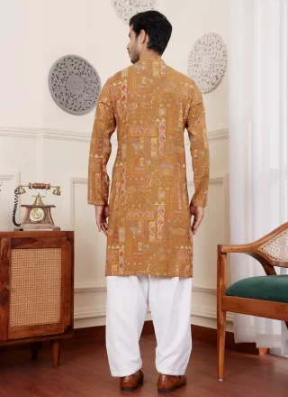 Yellow Silk Print Work Kurta Pyjama for Men