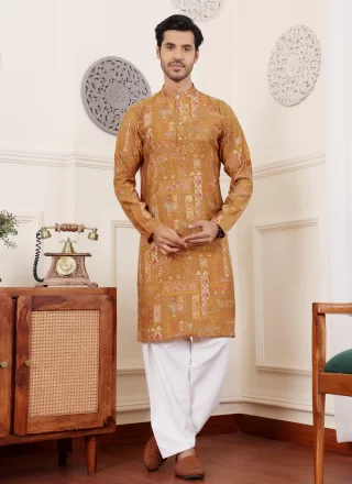 Yellow Silk Print Work Kurta Pyjama for Men