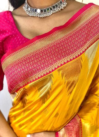Yellow Silk Print Work Traditional Saree for Casual