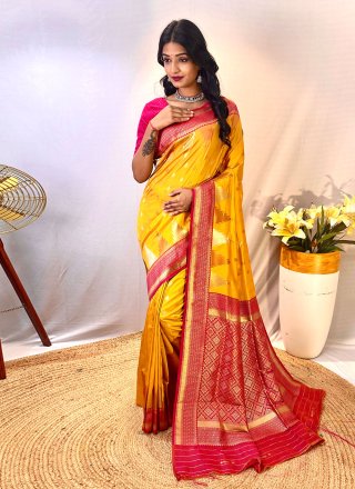 Yellow Silk Print Work Traditional Saree for Casual