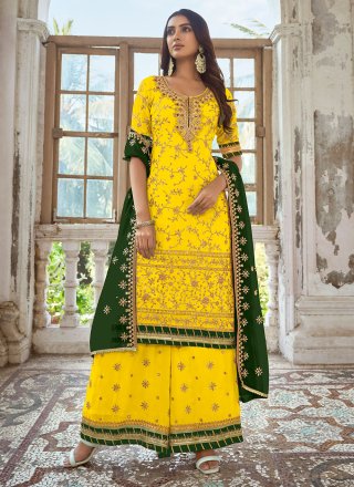 YELLOW COLOR SILK STRAIGHT SUIT SET WITH NECK EMBROIDERY .PARTY WEAR –  jaipurtrendzbyruchita
