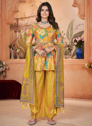 Yellow Silk Salwar Suit with Foil Print and Lace Work