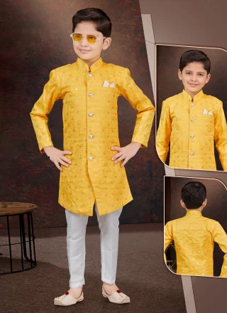 Yellow Silk Sherwani Kids Wear with Buttons, Fancy and Thread Work for Festival