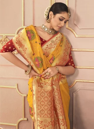 Yellow Silk Trendy Saree with Embroidered, Resham and Stone Work for Ceremonial