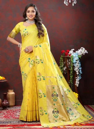 Yellow Silk Trendy Saree with Meenakari and Weaving Work for Women