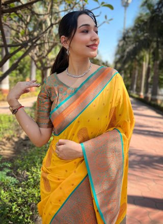 Yellow Silk Woven and Zari Work Classic Sari for Women