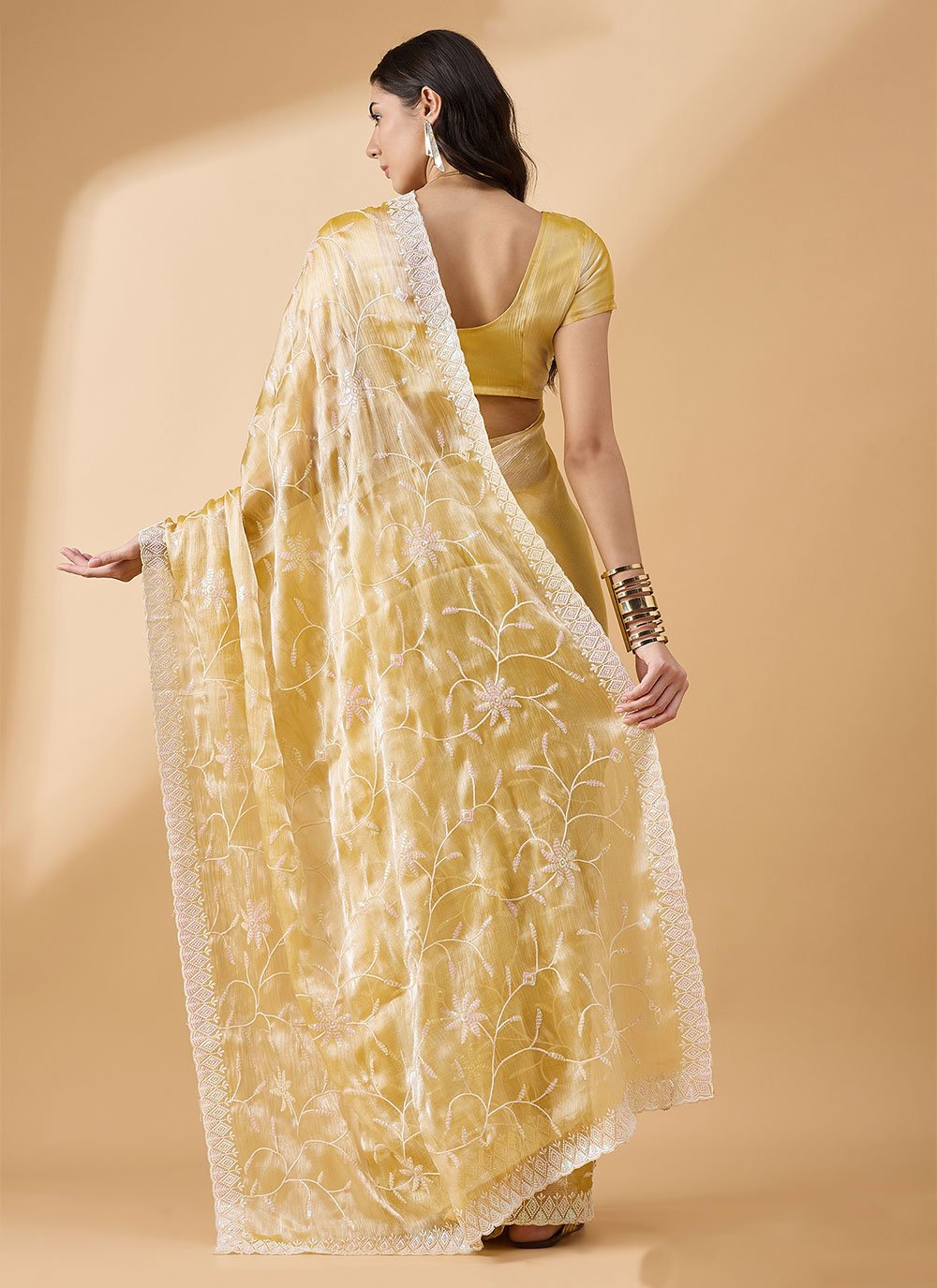 Shop Online Yellow Tissue Classic Sari with Sequins Work for Women ...