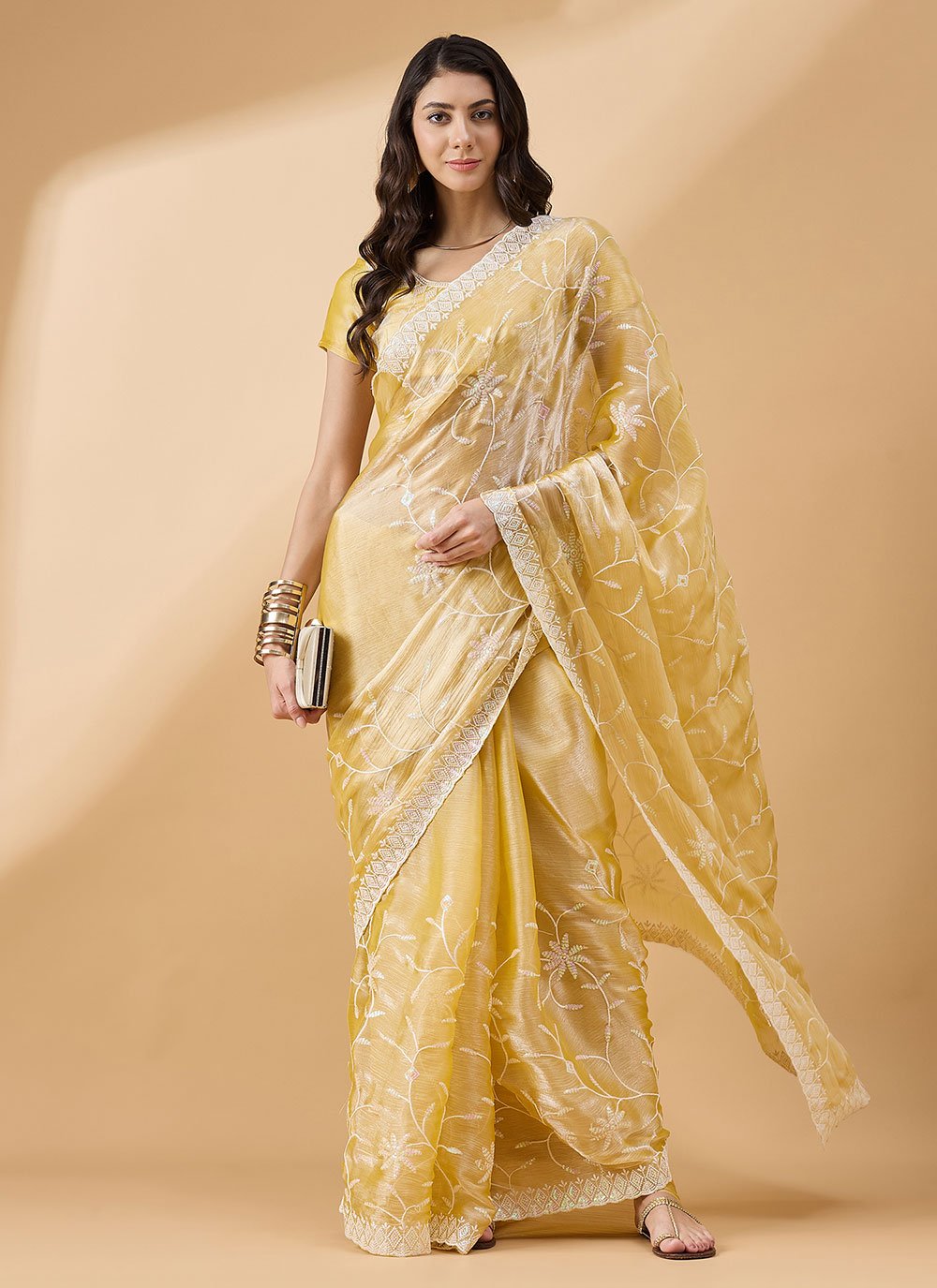 Shop Online Yellow Tissue Classic Sari with Sequins Work for Women ...