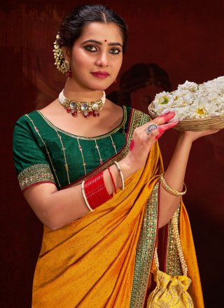 Yellow Vichitra Silk Sequins and Swarovski Work Designer Sari for Ceremonial