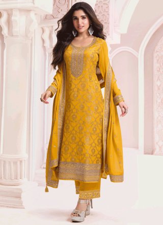 Yellow Viscose Embroidered and Jacquard Work Salwar Suit