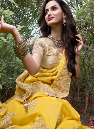 Yellow Viscose Embroidered, Resham, Sequins, Stone and Zari Work Trendy Saree for Ceremonial