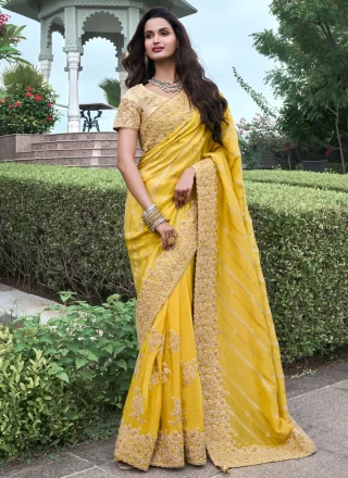 Yellow Viscose Embroidered, Resham, Sequins, Stone and Zari Work Trendy Saree for Ceremonial