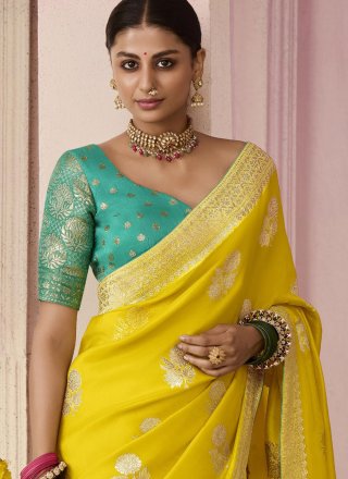 Yellow Viscose Floral Patch and Weaving Work Classic Sari for Ceremonial