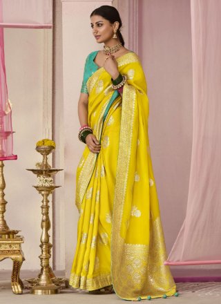 Yellow Viscose Floral Patch and Weaving Work Classic Sari for Ceremonial