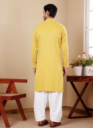 Yellow Viscose Kurta Pyjama with Chikankari and Embroidered Work for Men