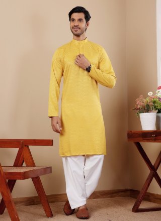 Yellow Viscose Kurta Pyjama with Chikankari and Embroidered Work for Men