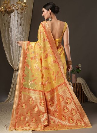 Yellow Weaving Work Blended Cotton Trendy Saree