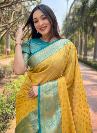 Yellow Woven Work Silk Contemporary Saree