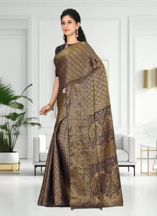 Zari Work Banarasi Silk Classic Sari In Grey