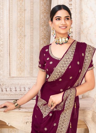 Zari Work Chiffon Satin Designer Sari In Purple