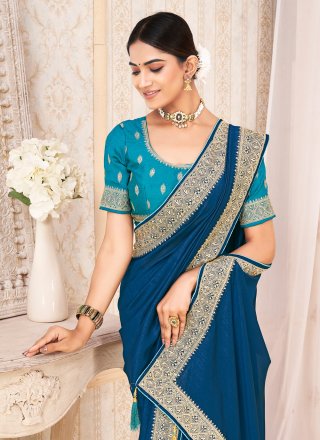 Zari Work Vichitra Silk Contemporary Saree In Blue for Ceremonial